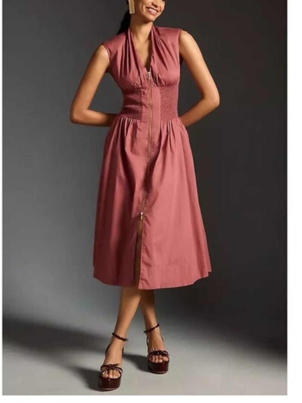 By Anthropologie: Tommie Smocked Zip-Front Midi Dress (Mauve) - Picture 1 of 2